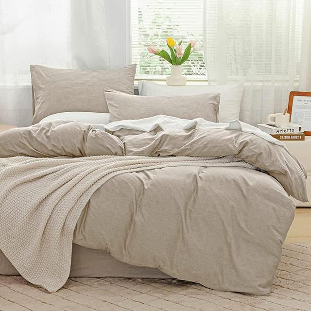 JELLYMONI Cream Grey 100% Washed Cotton Linen Like Textured Duvet Cover Set, 3 Pieces Ultra Soft Bedding Set with Zipper Closure. Solid Color Pattern Duvet Cover Queen Size (No Comforter)