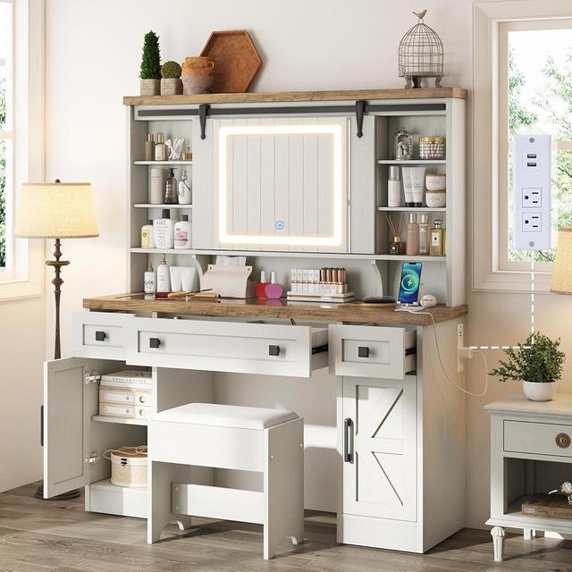 AMERLIFE 47.2" Farmhouse Vanity Desk with Mirror and Lights, Rustic Makeup Vanity Table with Charging Station, Vanity Set with Stool & Storage, LED Sliding Mirror & Glass Top, Antique White Finish