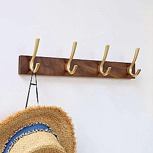 Wall Mounted Coat Rack, Rustic Wooden Coat Rack with 4 Gold Hooks Rail, Double Door Hangers for Coat Towel Bag Organizer Hat Key Cup(Walnut)
