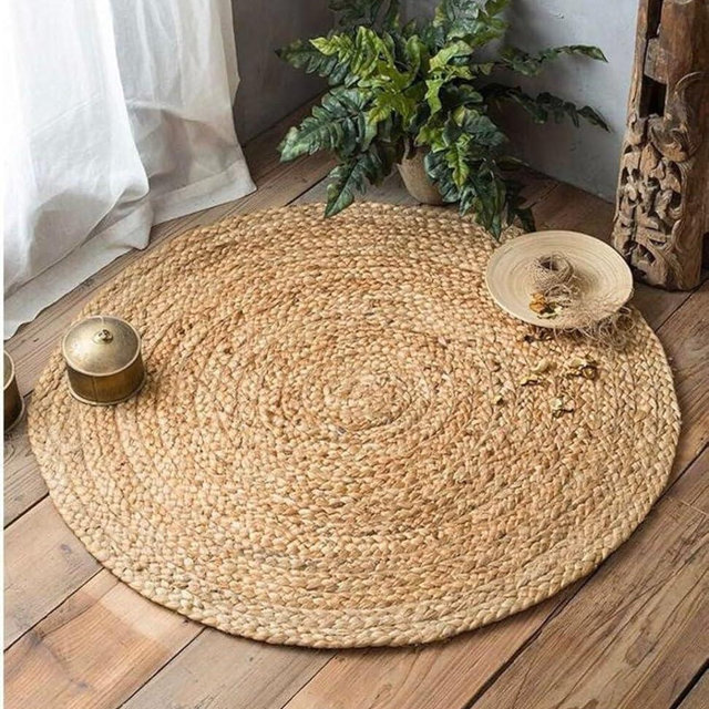 MDS Pack of 1 Handwoven Braided Jute Area Rug - 4 feet Round - Natural Reversible for Home Decor, Living Room Doormat Kitchen, Entryway Rug, Jute Burlap Braided Rag Rug, Rustic, Farmhouse (4' Round)