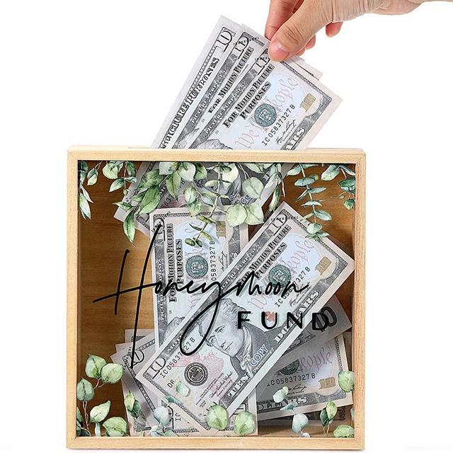 Honey Moon Fund Box Wedding Card Rustic Box Wooden Honeymoon Fund Box Fund and Card Wood Box Greenery Honeymoon Fund Shadow Box for Wedding Reception Party Bridal Shower Gift, 8 x 8 Inch