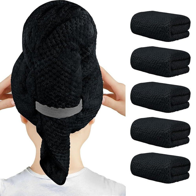 HOMEXCEL 5 Pack Large Microfiber Hair Towel Wrap for Women, Black- 40 x 20 inches Super Soft, Fast Drying Turbans for Long, Thick, Curly Hair - Anti Frizz Wrap with Elastic Strap