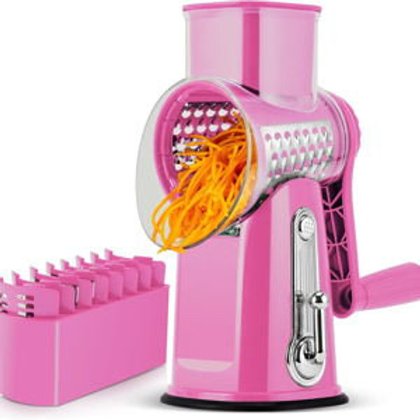 SUSTEAS Rotary Cheese Grater with Handle - Vegetable Shredder with 5 Well-designed Blades & Strong Suction Base,Round Mandoline Slicer & Food Chopper for Kitchen,with Blade Storage Box(Pink)