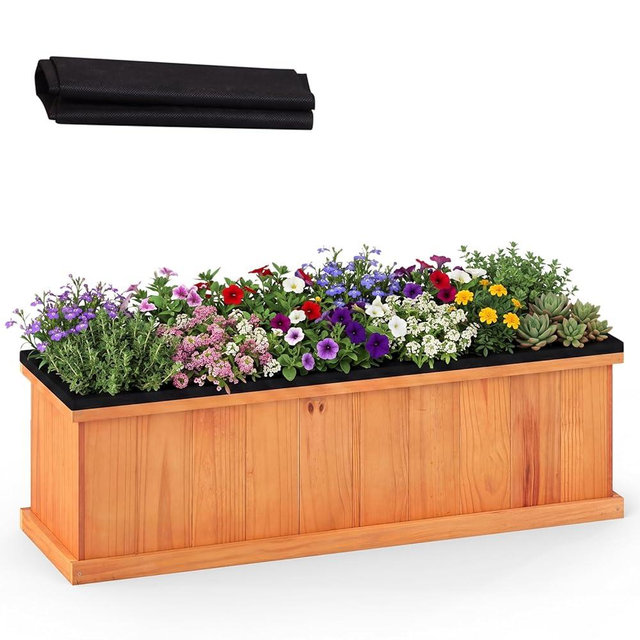 HAPPYGRILL Wood Raised Garden Bed, Rectangular Planter Box w/Drainage Holes & Liner for Growing Flowers Vegetables, Outdoor Indoor Gardening Kit for Patio Backyard Balcony (1, 40" x 13" x 12")