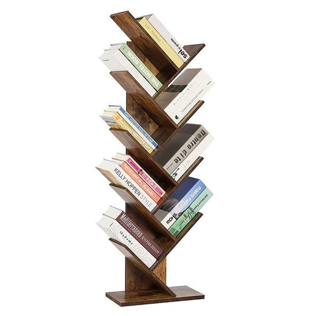 Berry Ave 9-Tier Tree Bookshelf - Unique Bookshelf for Books, Magazines, DVDs & More- Space Saving Spine Book Tower - Free Standing Bookcase in Modern Design for Home & Office Use (Brown)