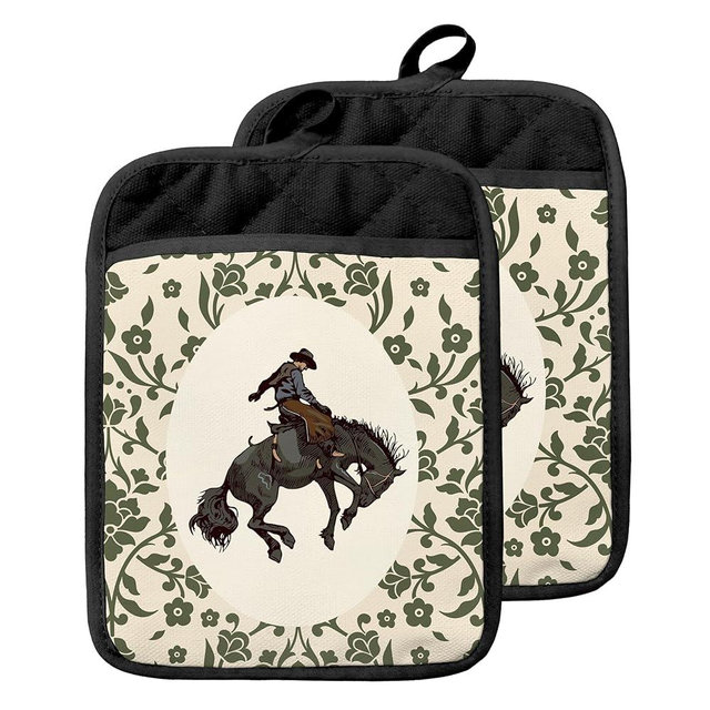 GOOZHO Green Floral Western Cowboy Pot Holders with Pockets, Cowboy Riding Bucking Horse Oven Pot Holders Heat Resistant Oven Mitts Hot Pads for Kitchen Baking Cooking