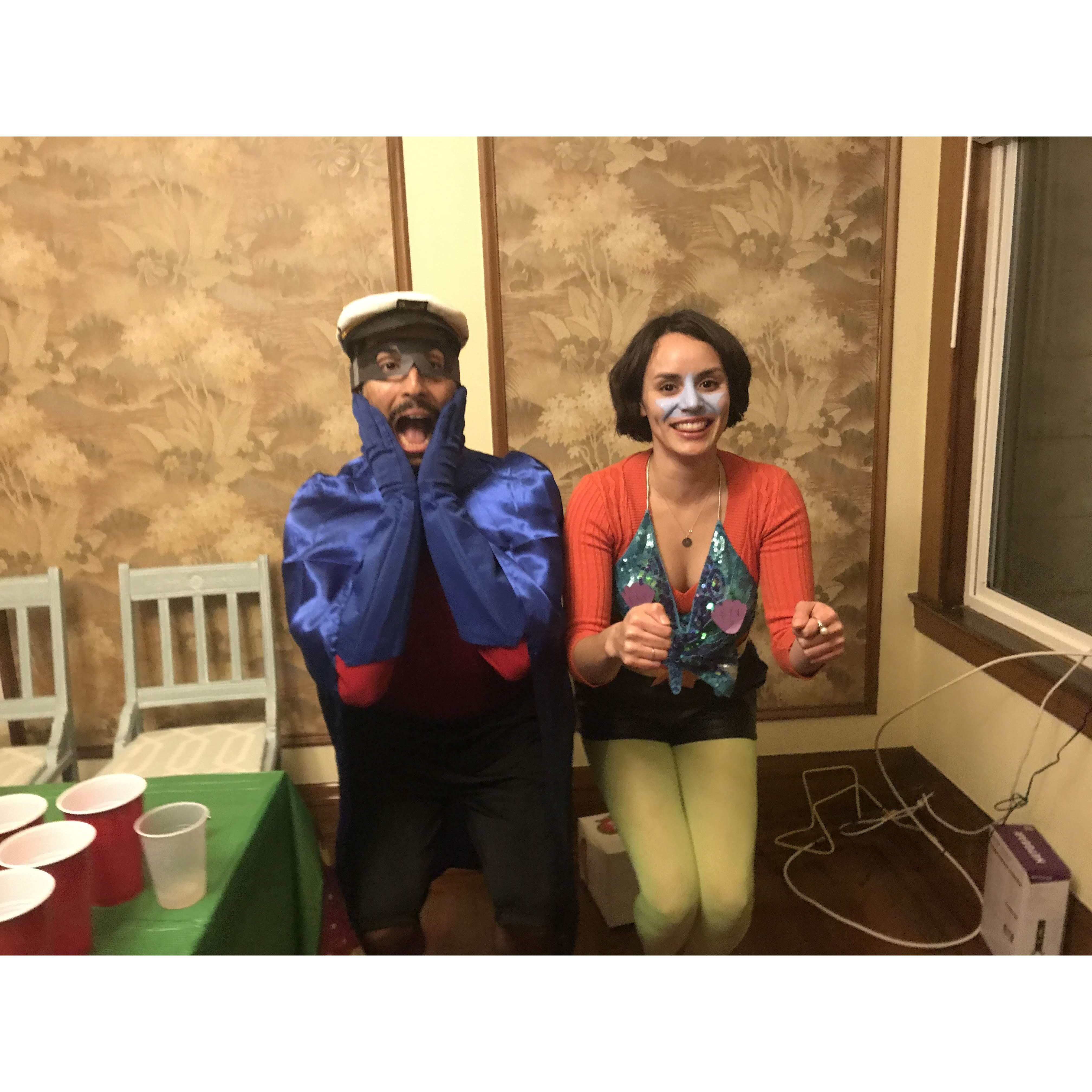 Dressed as Mermaid Man & Barnacle Boy for Halloween