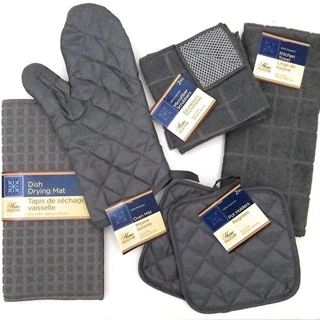 Kitchen Towel Set with 2 Quilted Pot Holders, Oven Mitt, Dish Towel, Dish Drying Mat, 2 Microfiber Scrubbing Dishcloths (Gray)