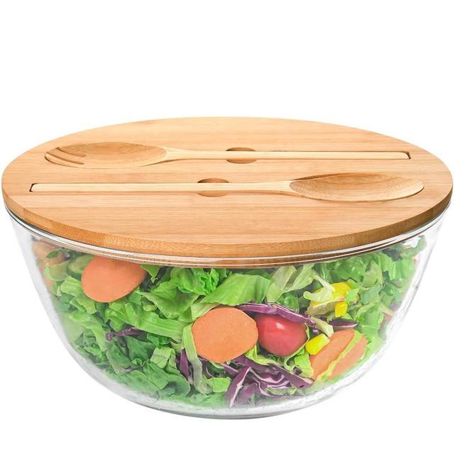 LOVYANXUE 10.6" Glass Salad Bowl with Lid, 4.7 Quart Large Capacity Mixing Bowls with Utensils, Versatile Serving Bowls for Salads,Fruits,Pasta,Popcorn,Trifle Bowl, Microwave Safe