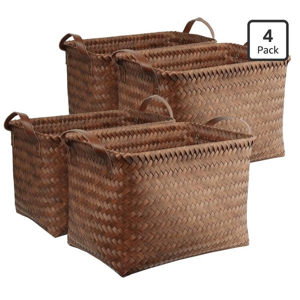BROWNLILY Handwoven Clothes Basket Laundry Hampers Large Wicker Storage Baskets for Shelves Blankets Closet Storage Bins Car Bedroom Bathroom Organizers and Storage Bath (Pack of 4, Brown)