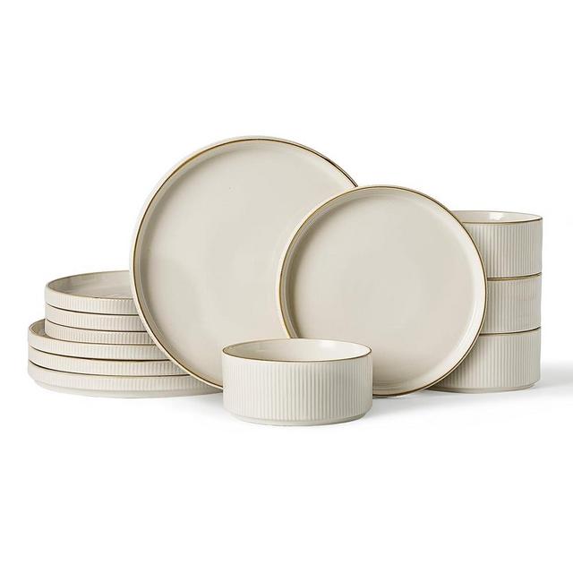 Famiware Star Dinnerware Set, Plates and Bowls Sets for 4 (12pcs), Ribbed Stoneware Dishes - Chip & Scratch Resistant, Microwave & Dishwasher Safe Tableware, Vanilla White