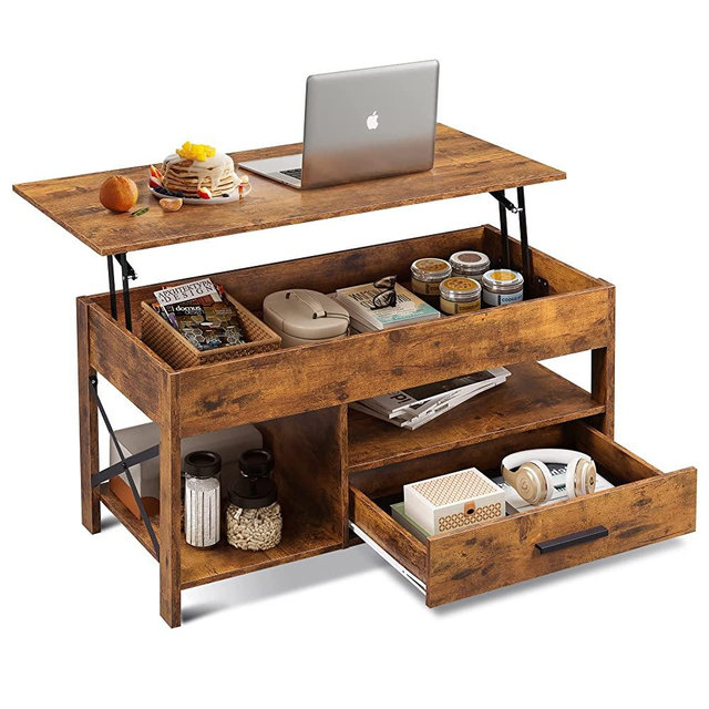 WLIVE Lift Top Coffee Table for Living Room,Coffee Table with Storage,Hidden Compartment and Metal Frame, Central Table for Reception Room,Rustic Brown.
