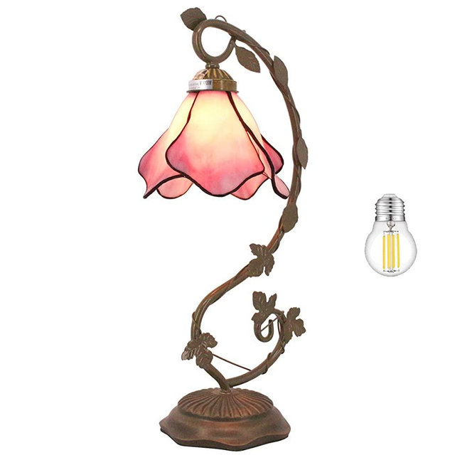 WERFACTORY Tiffany Lamp Pink Stained Glass Bedside Lamp, Thin Metal Leaf Table Desk Reading Light 8X10X21 Inches Decor Small Space Bedroom Home Office LED Bulb Included S70106A Series