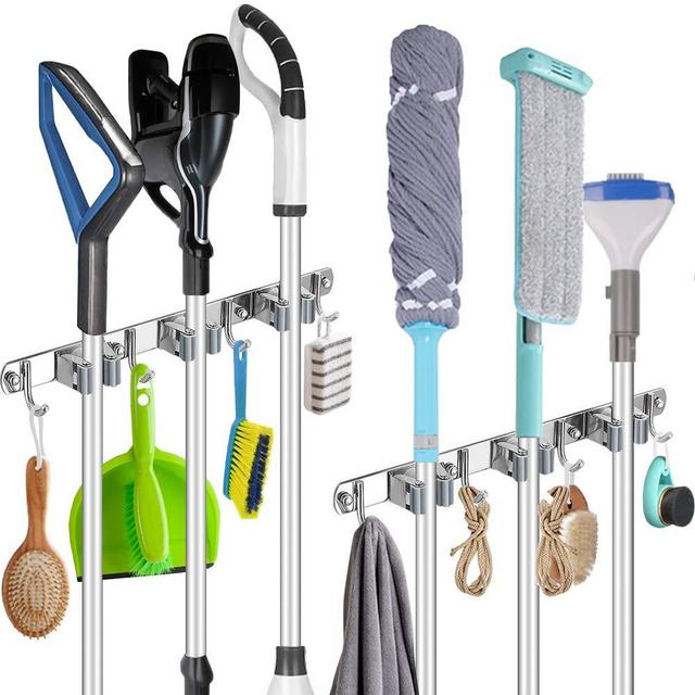 Broom Holder Wall Mount Stainless Steel Mop Broom Rack Self Adhesive Heavy Duty Tools Hanger with 3 Racks 4 Hooks, 2 Pack