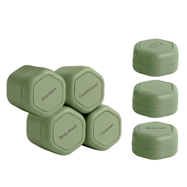 Cadence Travel Containers - Daily Routine Capsule Set - Magnetic Travel Capsules - For Shampoo, Conditioner, Body Wash, Pills, and More - 4 Flex Mediums (1.32oz) & 3 Flex Smalls (0.56oz) - Eucalyptus