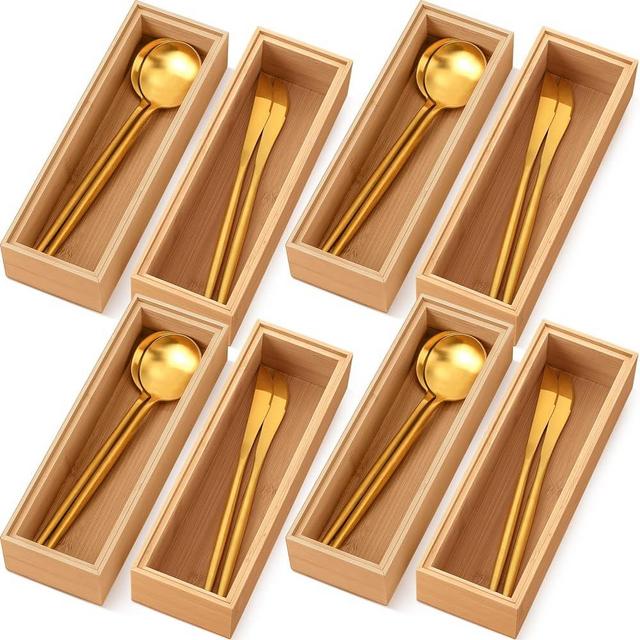 Kigley 8 Pieces Bamboo Drawer Organizer Kitchen Utensils Wooden Utensil Organizer for Drawers Stackable Wooden Storage Box Bamboo Silverware Tray for Drawer (9 x 3 x 2 Inch)