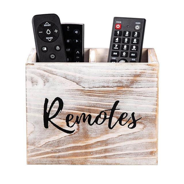 ExoLiry Rustic Two Slot Whitewashed Wood Remote Control Holder Tabletop Organizer Desk Wooden Storage Box Supplies Caddy Game Console Controller Multiple Media Mobile Phone Living Room Home Office