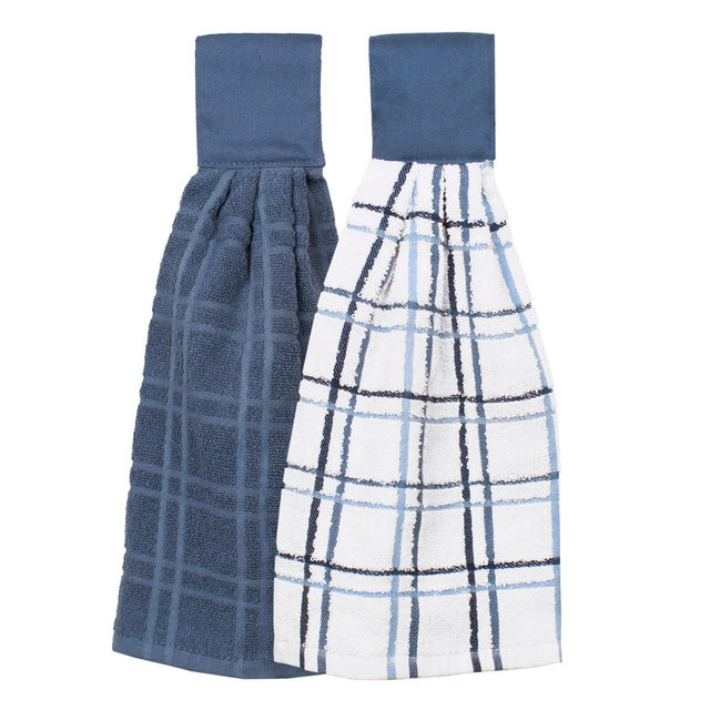 John Ritzenthaler Co. Solid and Multi Check Kitchen Tie Towel, Set of Two, Federal Blue