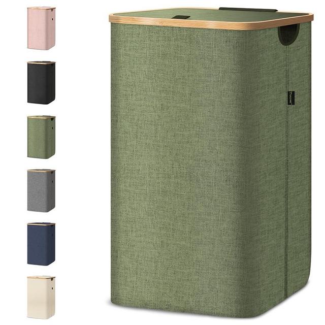 BALEINE Laundry Hamper with Lid, Tall Laundry Baskets with Bamboo Pull Handles, Large Laundry Bin with Internal Support (26 Gallon, Green)