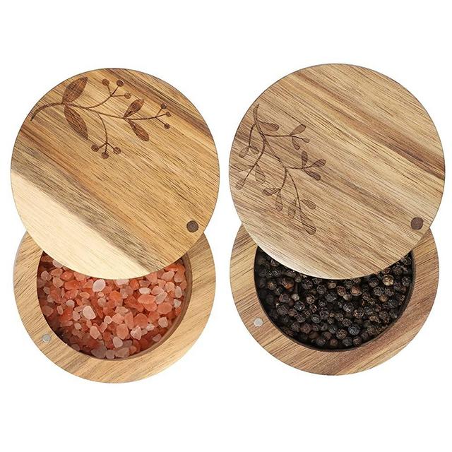 DGYLL Acacia Wood Salt Cellar with Lid 2pc/set Salt keeper Salt Box Spice storage box Condiment pot sugar keeper spice containers salt pepper sugar bowl Size: 3.5DIA x 2.5H inch