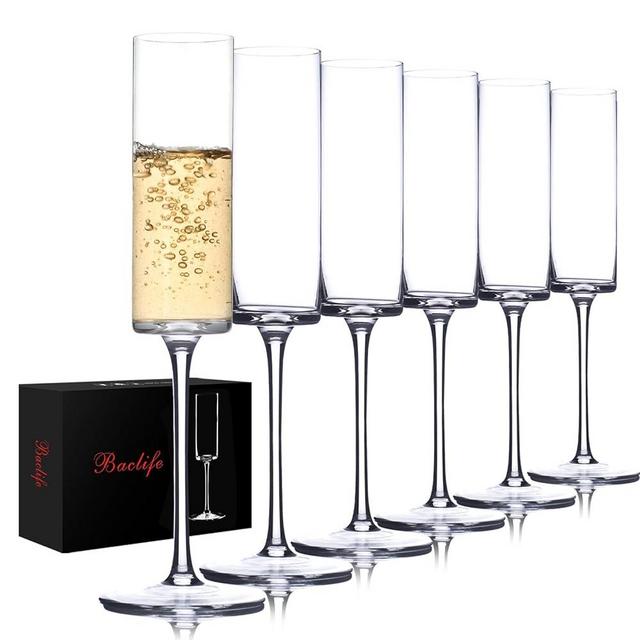 BACLIFE Crystal Champagne Flutes Set of 6 - Hand Blown Champagne Glasses with Long Stem - Elegant Sparkling Wine Stemware - Unique Gift for Birthday,Wedding, Anniversary - 7 oz, Clear…