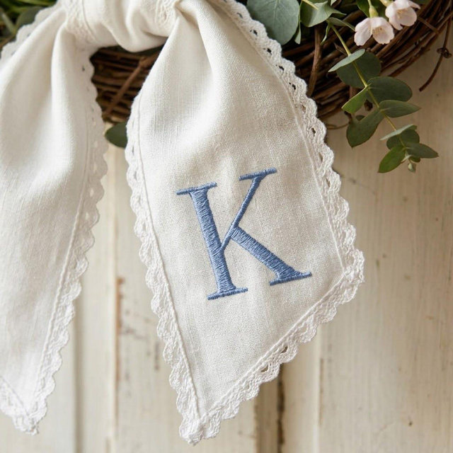 Embroidered Spring Wreath Sash, Personalized Embroidered Initial Ribbon, Custom Decor Door Hanger, Bridal shower gift