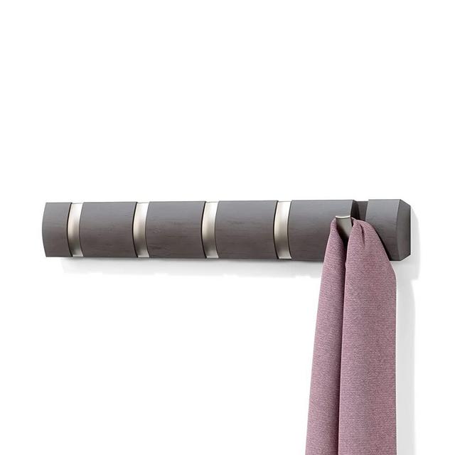 Umbra Flip Wall Mounted Floating Rack – Modern, Sleek, Space-Saving Hanger with Retractable Hooks to Hang Coats, Scarves, Purses and More, 5, Driftwood/Nickel, 2 pounds