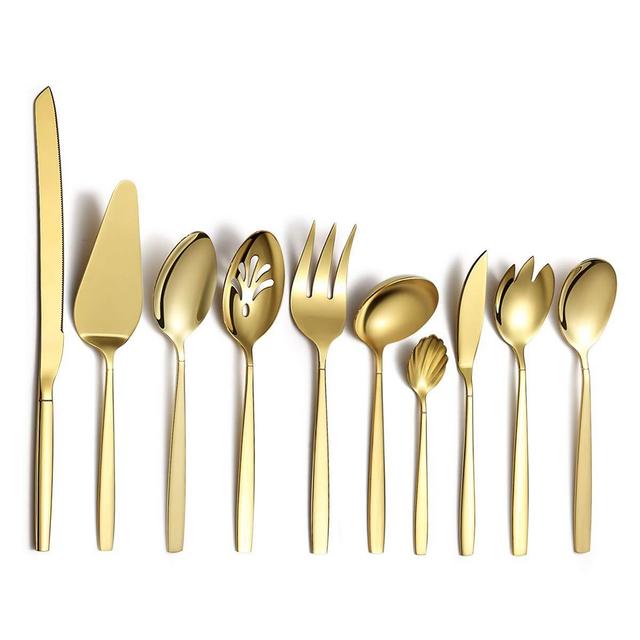 Berglander Gold Silverware Serving Set 10 Pieces, Stainless Steel Flatware Serving Set With Gold Titanium Plating, Serving Spoons, Silver Serving Utensil, Anti Rust(10 Pieces)