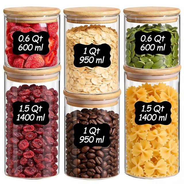ComSaf Glass Storage Containers with Lids (0.6qt/1qt/1.5qt) Set of 6,Glass Pantry Storage Containers with Airtight Lid & lables for Dry Food, Snacks, Nuts, Stackable for Kitchen, Pantry Organization