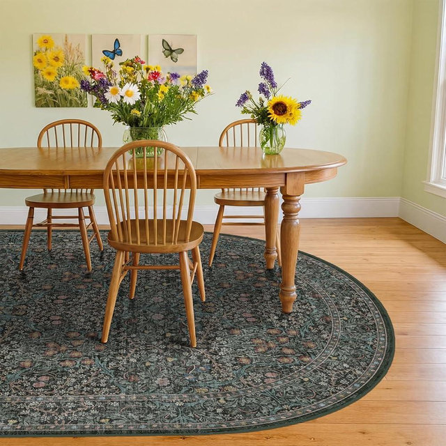 Washable Oval Rug 6x9 for Dining Room, Dark Green Floral Area Rug for Living Room, Low Pile Non-Slip Floor Carpet for Bedroom - Vintage Oriental Stain Resistant (6x9 Dark Green)