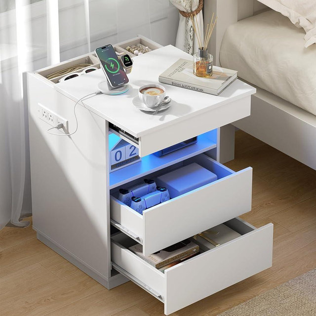 AntsandAnts Nightstand with Hidden Compartment & USB/Type-C Charging Station - Locking Night Stand with Gun Drawer, LED Lights, Modern Bedside Table for Bedroom or Office, Secure Hidden Storage, White