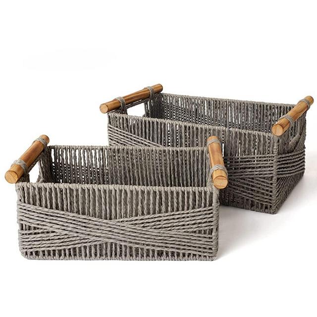 LA JOLIE MUSE Wicker Storage Baskets for Organizing, Recyclable Paper Rope Basket with Wood Handles, Decorative Hand Woven Basket Organizers for Makeup Books Shelves Living Room, Grey, Set of 2