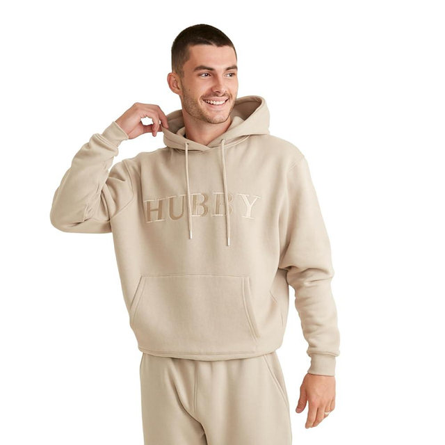 Six Stories | Hubby Embroidered Hoodie in Stone Beige | Soft & Cozy Fleece Pullover Loungewear Sweater
