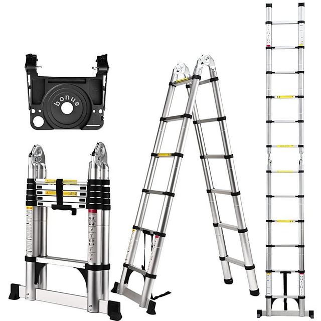 Telescoping Ladder A Frame, 12.5 Ft Compact Aluminum Extension Ladder, Portable Telescopic RV Ladder for Outdoor Camper Trips Motorhome with Tool Platform and Stabilizer Bar, 330 lb Capacity