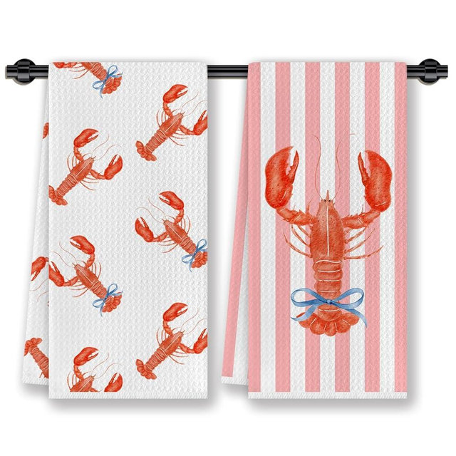 CosxHabitat Blue Bow Crawfish Coastal Beach Kitchen Dish Towels, Lobster Gifts, Red Striped Ocean Lobster Nautical Decorative Hand Tea Towels for Kitchen Bathroom, 16x24 Inches Set of 2