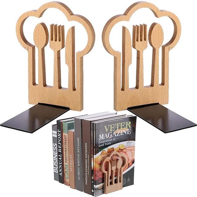 Decorative Kitchen Bookends, Wooden Cookbook Bookends Kitchen Counter Decor Fork Knife Spoon Wood Book Shelf for Office Home Files Magazine Kitchen Book Holders