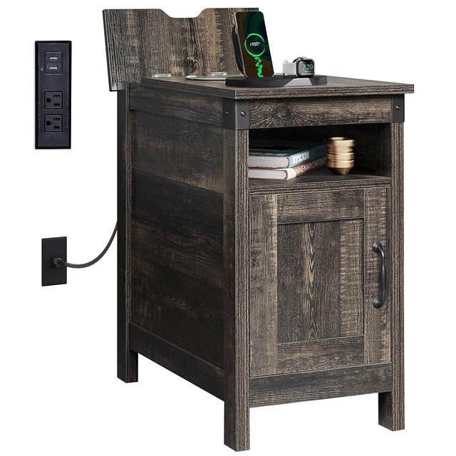 WLIVE End Table with Charging Station, Side Table with USB Ports and Outlets, Narrow Side Table for Small Spaces, Living Room, Couch, Nightstand with Storage, Brown