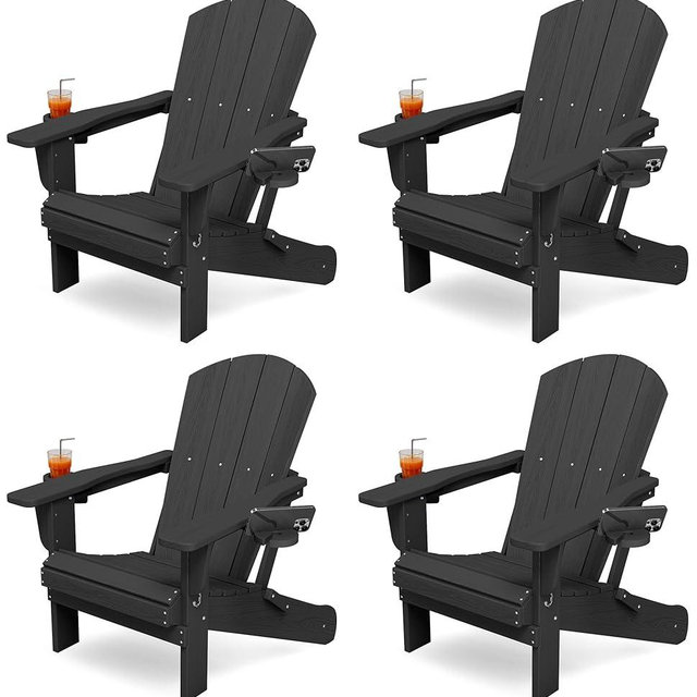 KINGYES Folding Adirondack Chair Set of 4, Dual Cup Holders & All-Weather HDPE, Wood-Like Patio Chair for Backyard, Camping, Pool & Fire Pit, Black