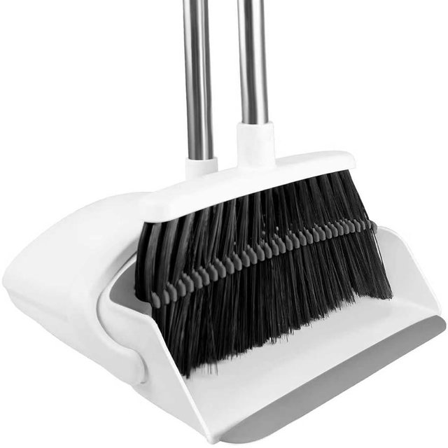 Broom with Dustpan Combo Set, Broom and Dustpan Set for Home Commercial Cleaning Supplies Angle Broom with Long Handle Perfect for Courtyard Garage Street (White)