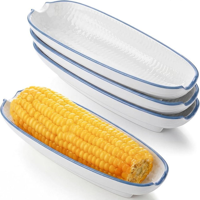 Reallnaive 4 Pcs Ceramic Corn on The Cob Holders 8. 8 Inch on The Corn Dishes Plates Non-slip Bottom Microwave Oven Dishwasher Safe for Family or Restaurant (White&blue)