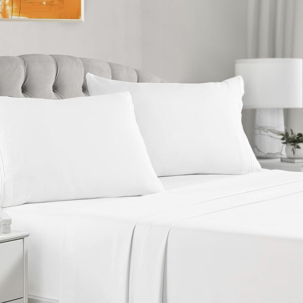 Mellanni King Size Sheet Set - 4 Piece Iconic Collection Bedding Sheets & Pillowcases - Extra Soft, Cooling Bed Sheets - Deep Pocket up to 16" - Wrinkle, Fade, Stain Resistant (King, Striped White)