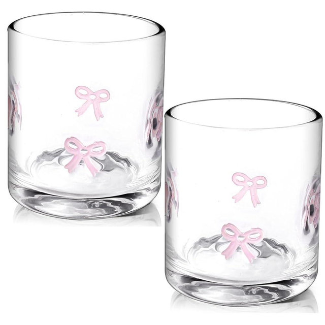 Sel Natural 2 Pcs Anthropologie Glass Juice Cups Bow Icon Bow 14oz Handblown Cocktail Glasses Aesthetic Drinking Glass Old Fashioned Iconic Glasses for Women Sister Friend Party (Pink)