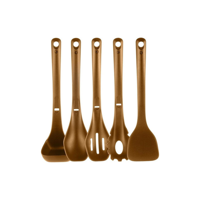 NutriChef Kitchen Cooking Utensils Set-Includes Spatula, Pasta Fork, Solid Spoon, Slotted Spoon & Tool Seat,Brown