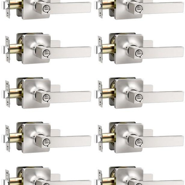 Mengico 10 Pack Door Lever Heavy Duty, Privacy Door Handles Locksets,Satin Nickel Reversible Keyless Square Door Lever for Bedroom and Bathroom