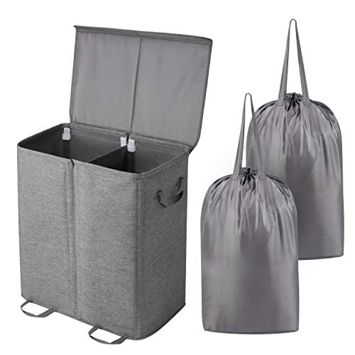 Lifewit Double Laundry Hamper with Lid and Removable Laundry Bags, Large Collapsible 2 Dividers Dirty Clothes Basket with Handles for Bedroom, Laundry Room, Closet, Bathroom, College, Grey