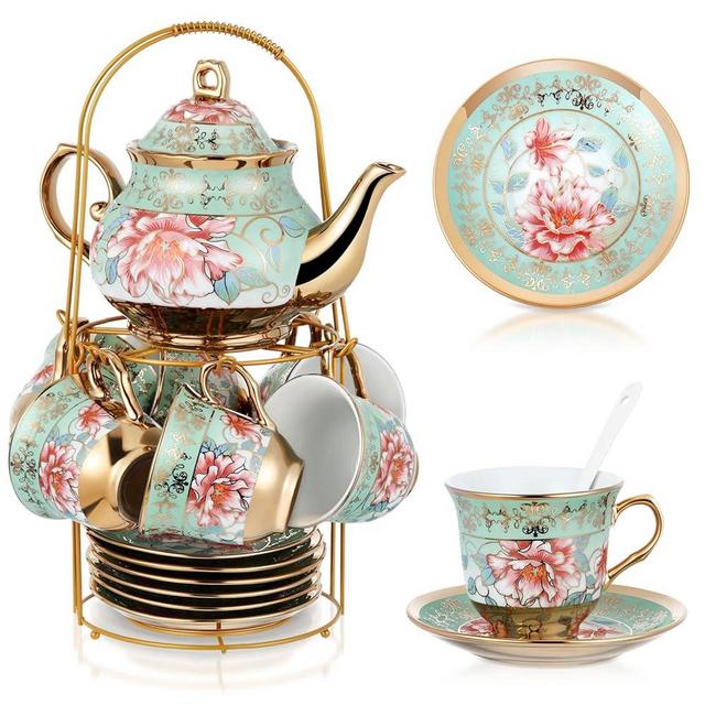 Zhehao 20 Pcs Porcelain Tea Set with Metal Holder Adult Ceramic Tea Party Set European Flower Tea Cup Saucer Set for Adult Women Girls with Flower Painting, Large Version (Fresh Style)