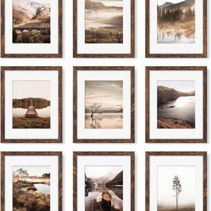 YESKAY 11x14 Picture Frame Set of 9, Photo Gallery Wall Frame Set, Display Pictures 8x10 with Mat or 11 x 14 Without Mat, Multi Photo Frames for Wall Mounting or Table Top Display, Rustic Brown