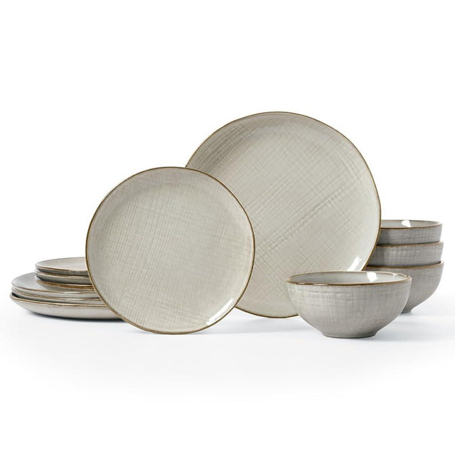 Famiware Moonlight Plates and Bowls Sets, 12 Pieces Stoneware Dinnerware Set with Linen Finish, Handmade Dishware Set for 4, Microwave and Dishwasher Safe, Chip and Scratch Resistant, Summer Sand