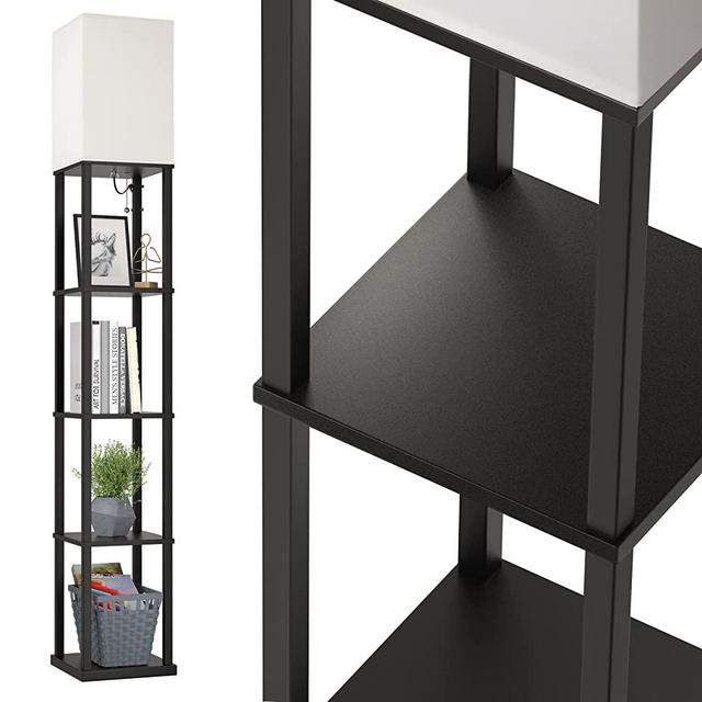 addlon LED Modern Shelf Floor Lamp with White Lamp Shade and LED Bulb, 5-Tier Display Floor Lamps with Shelves for Living Room, Bedroom and Office - Black