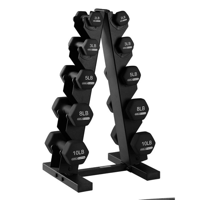 HolaHatha 2, 3, 5, 8, and 10 Pound Neoprene Coated Grip Hexagon Dumbbell Weight Set with Storage Rack Stand for Various Strength Training Workouts